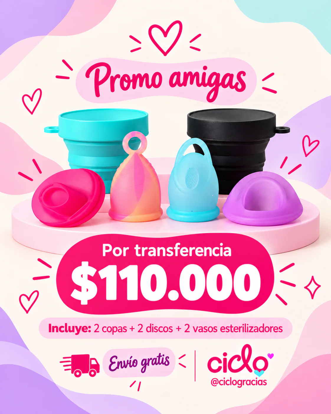 Promo Amigas: 2 copas + 2 discos + 2 vasos